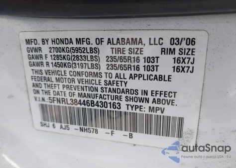 2006 Honda Odyssey Ex z USA, uszkodzony, nr VIN 5FNRL38446B430163